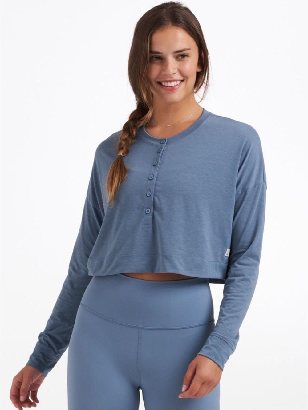 Vuori Avalon Henley Cropped Long-Sleeve Top in Cloud Blue